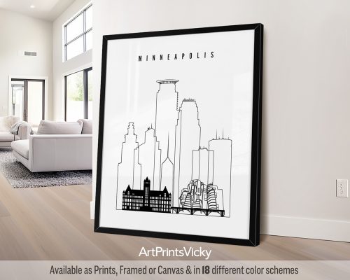 Black outline minimalist Minneapolis skyline print by ArtPrintsVicky