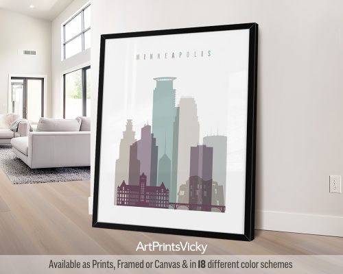 Minneapolis wall art print featuring the Stone Arch Bridge, iconic landmarks, and vibrant cityscape in a cool and sophisticated Pastel 2 style. by ArtPrintsVicky.
