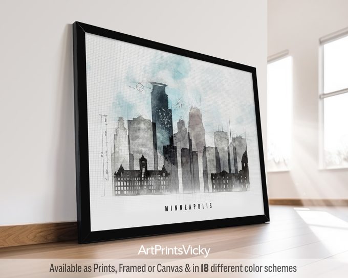 Framed artwork depicting a cityscape of Minneapolis with buildings and a cloudy sky.