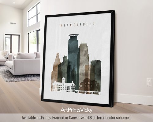 Minneapolis city skyline print featuring the Stone Arch Bridge, iconic landmarks, stunning lakes, and vibrant cityscape in a rich earthy Watercolor 2 style, by ArtPrintsVicky.