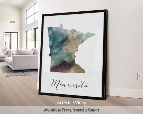 Earthy watercolor painting of the Minnesota state map on a textured off-white background. Perfect for nature lovers and Minnesota enthusiasts. State map art print by ArtPrintsVicky.