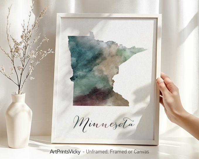 Art print of the state of Minnesota in watercolor style with the name 'Minnesota' below.