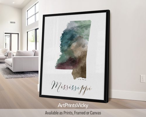 Mississippi state map art print in earthy watercolors on an off-white textured background. Perfect for those who love the Magnolia State by ArtPrintsVicky.
