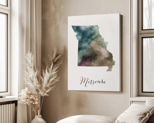 Artistic representation of the state of Missouri with watercolor effects and the name 'Missouri' at the bottom.