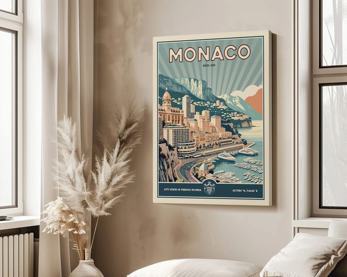 Vintage-style art print of Monaco featuring coastal buildings and mountains in a pastel color palette.
