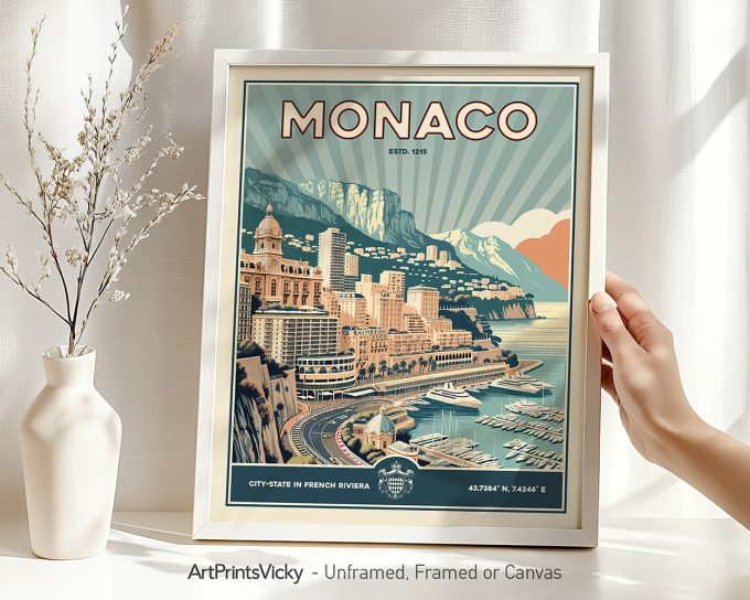 Vintage travel poster of Monaco featuring coastal views and cityscape in a framed display.