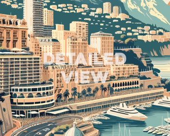 Illustration of a retro cityscape of Monaco featuring buildings, palm trees, and yachts along the waterfront.