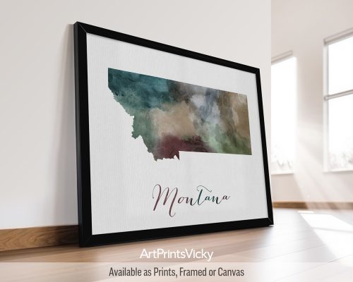Earthy watercolor print of the Montana state map, with "Montana" written below in handwritten script, on a textured background. Perfect for lovers of Big Sky Country, Glacier National Park, and vast landscapes by ArtPrintsVicky.