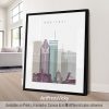 Framed print of a stylized cityscape of Montreal featuring notable buildings and landmarks.
