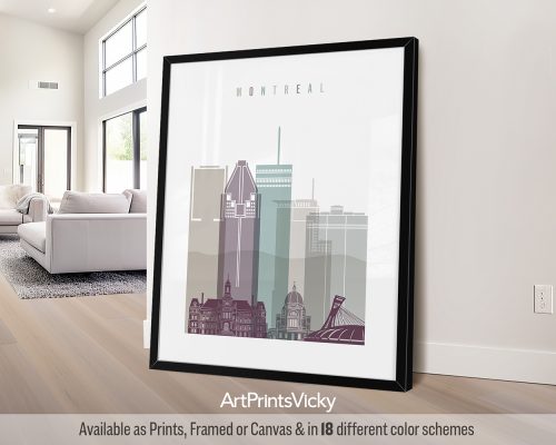 Montreal city art print featuring Mount Royal, iconic landmarks, and vibrant cityscape in a cool and sophisticated Pastel 2 style. by ArtPrintsVicky.