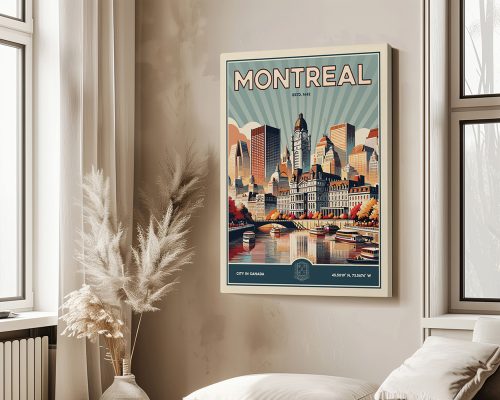 Retro-style poster of Montreal featuring city skyline and waterfront view.