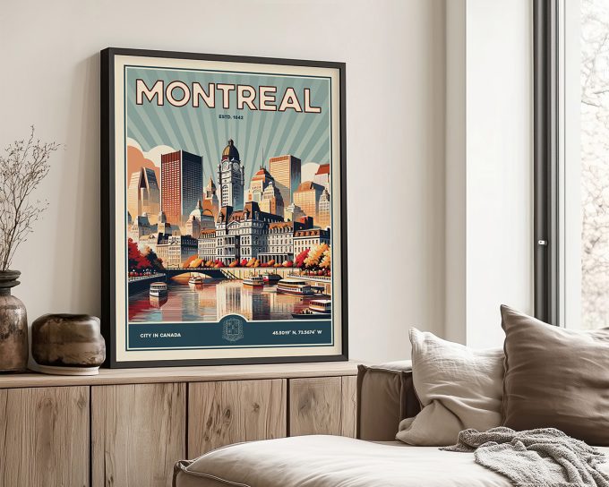 Retro poster art featuring the cityscape of Montreal with buildings and water in a stylized design.