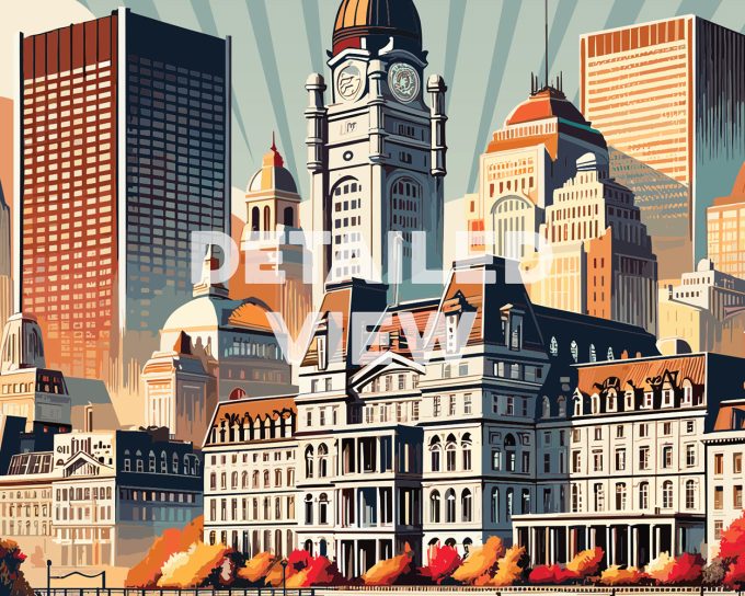 Illustration of a retro cityscape featuring a prominent building in Montreal with a clock tower.