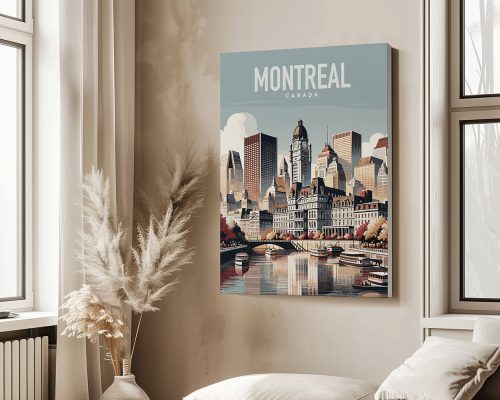 Art print of Montreal featuring buildings and a river with boats in a stylized design.