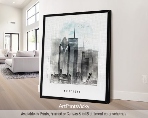 Montreal skyline featuring Notre-Dame Basilica, Mount Royal, and other landmarks in a minimalist Urban 1 style by ArtPrintsVicky.
