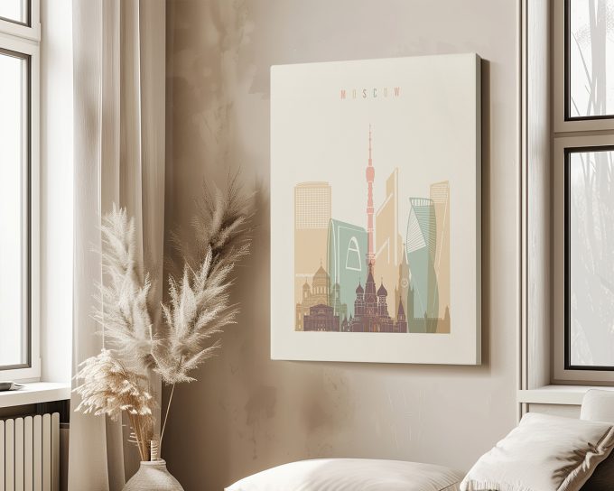 Art print featuring a stylized cityscape of Moscow with notable buildings and structures.