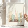 Art print featuring a stylized cityscape of Moscow with notable buildings and structures.