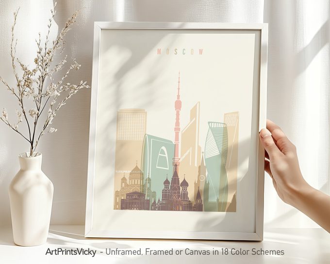 Art print featuring a stylized cityscape of Moscow with notable buildings and structures.