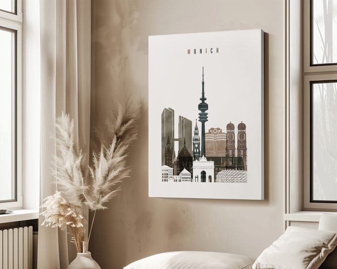 Art print featuring a stylized cityscape of Munich with notable buildings and structures.