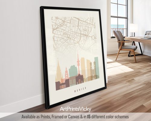 Munich minimalist map and skyline poster featuring the Frauenkirche, iconic landmarks, and street layout, all rendered in a warm, vintage-inspired Pastel Cream palette, by ArtPrintsVicky.