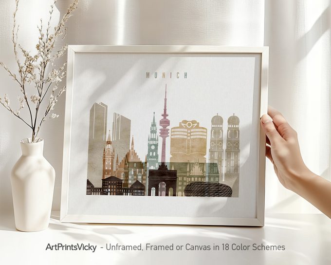 Art print of Munich cityscape featuring prominent buildings and landmarks in various colors.