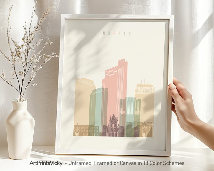 Art print of a cityscape featuring buildings in Naples with a pastel color palette.