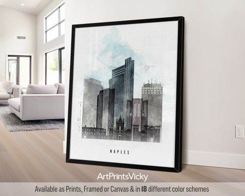 Naples skyline featuring Castel Nuovo and other landmarks in a minimalist Urban 1 style by ArtPrintsVicky.