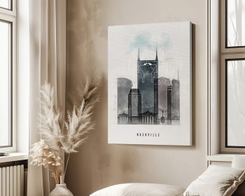 Art print featuring a stylized illustration of Nashville's skyline with notable buildings.