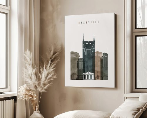 Art print featuring a stylized illustration of Nashville's skyline with notable buildings.