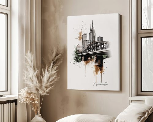Art print of Nashville skyline featuring a bridge and buildings with watercolor effects.