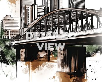 Illustration of a cityscape featuring a bridge and buildings in Nashville, Tennessee.
