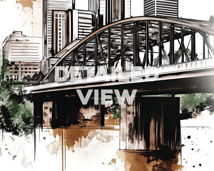 Illustration of a cityscape featuring a bridge and buildings in Nashville, Tennessee.