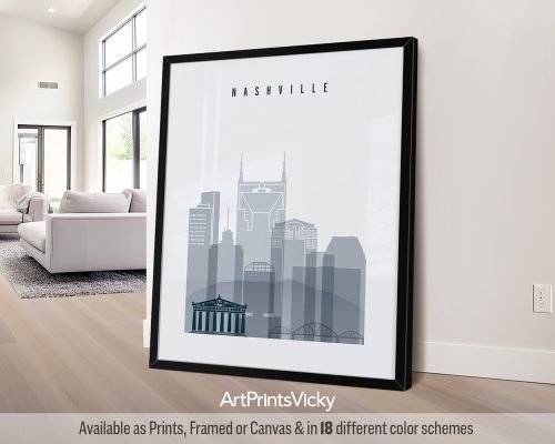 Nashville city skyline art print in a cool grey blue color scheme by ArtPrintsVicky