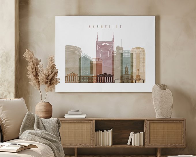 Artistic representation of Nashville's skyline featuring various buildings in muted colors.