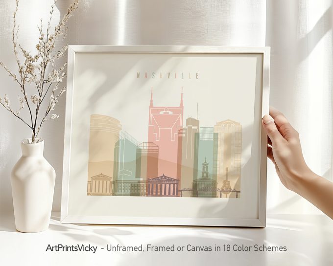 Art print featuring a stylized cityscape of Nashville with notable buildings and a pastel color palette.