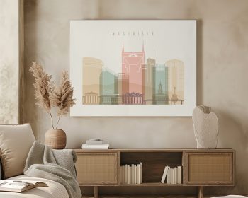 Artistic representation of Nashville's skyline with various buildings in soft colors.