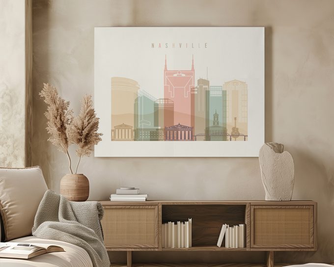 Artistic representation of Nashville's skyline with various buildings in soft colors.