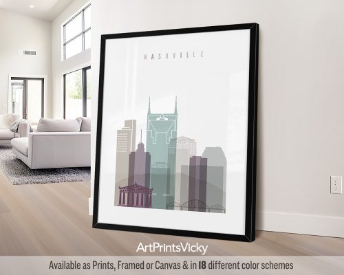 Nashville wall art print featuring the Ryman Auditorium, iconic landmarks, and vibrant cityscape in a cool and sophisticated Pastel 2 style. by ArtPrintsVicky.