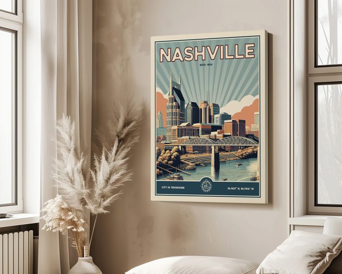 Retro-style poster of Nashville featuring the skyline and a bridge with a sunburst background.