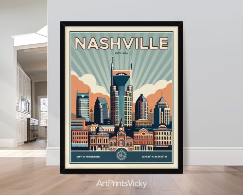 Vintage Nashville skyline art illustration in retro style
