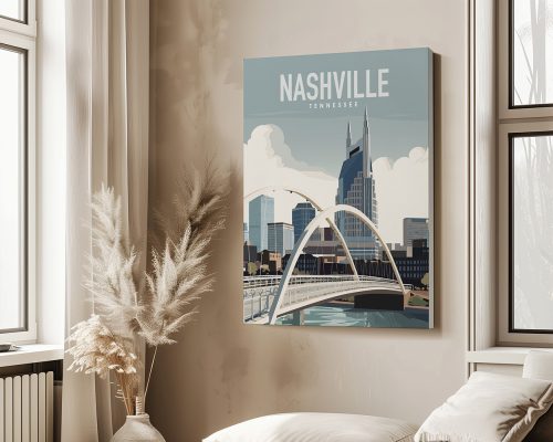 Art print featuring Nashville skyline with the AT&T Building and John Seigenthaler Pedestrian Bridge.