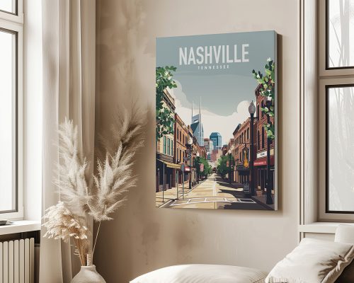 Art print of Nashville, Tennessee featuring a street scene with buildings and trees.