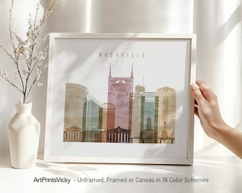 Art print featuring a stylized skyline of Nashville with various buildings and landmarks.