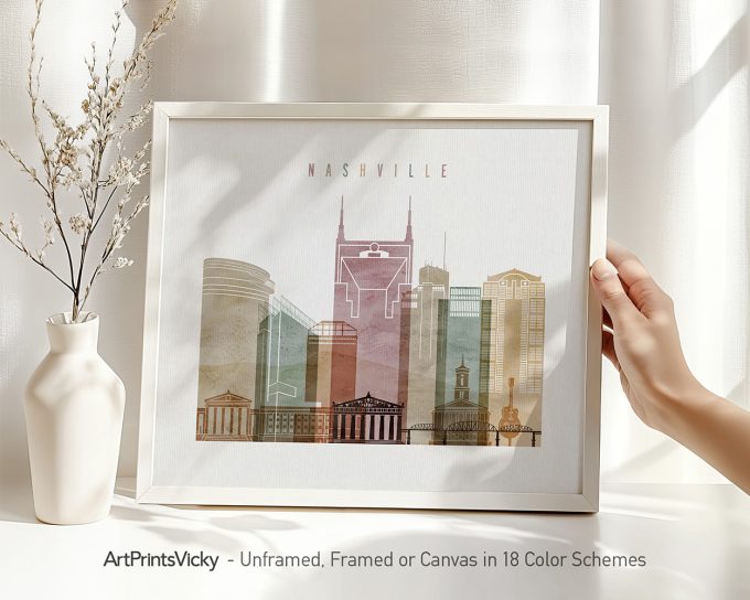 Art print featuring a stylized skyline of Nashville with various buildings and landmarks.