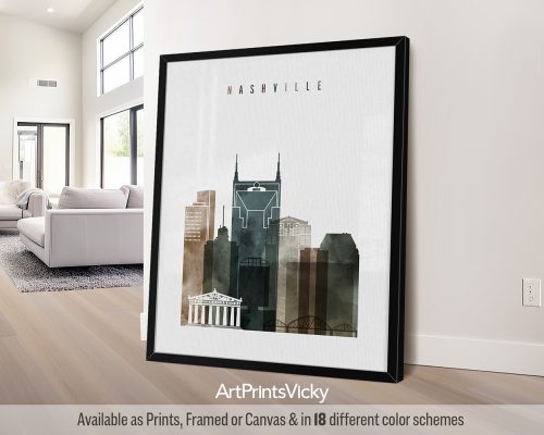 Nashville city skyline print featuring the vibrant cityscape in a rich earthy Watercolor 2 style, by ArtPrintsVicky.