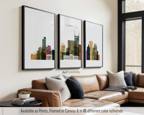 Nashville skyline triptych featuring the iconic cityscape in bold Watercolor 3 style, divided into three prints. by ArtPrintsVicky.