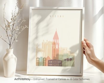 Art print featuring a stylized cityscape of Nassau with buildings and palm trees.