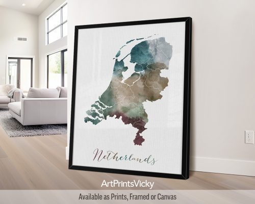 Netherlands map art print in earthy watercolors on a textured background. Perfect for Dutch enthusiasts and admirers of European travel by ArtPrintsVicky.