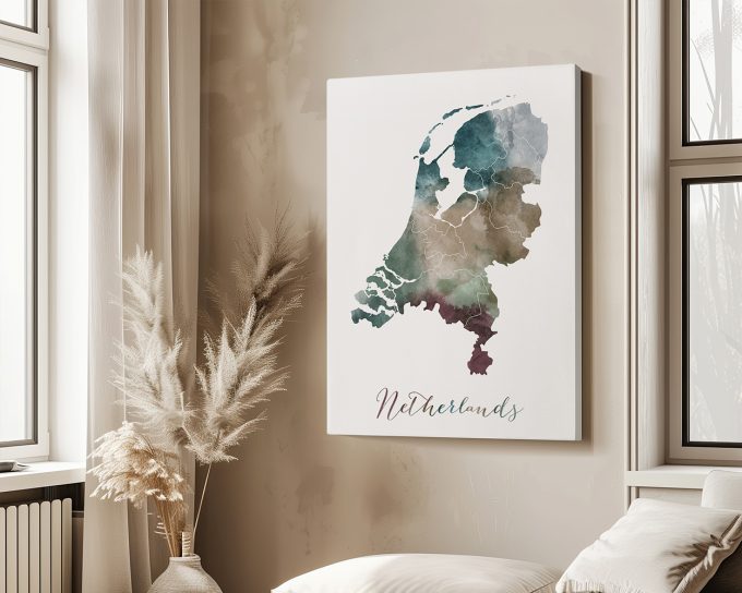 Artistic representation of the Netherlands in soft colors with outlined regions and the word 'Netherlands' at the bottom.