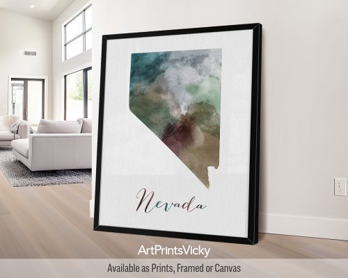 Earthy watercolor painting of the Nevada state map on a textured background. Perfect for Nevada lovers and admirers of desert landscapes by ArtPrintsVicky.